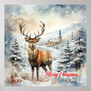 Póster Acogedora escena de invierno de Navidades con reno