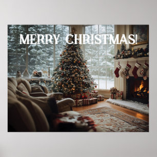 Póster Acogedoras habitaciones Navidades, chimenea, árbol