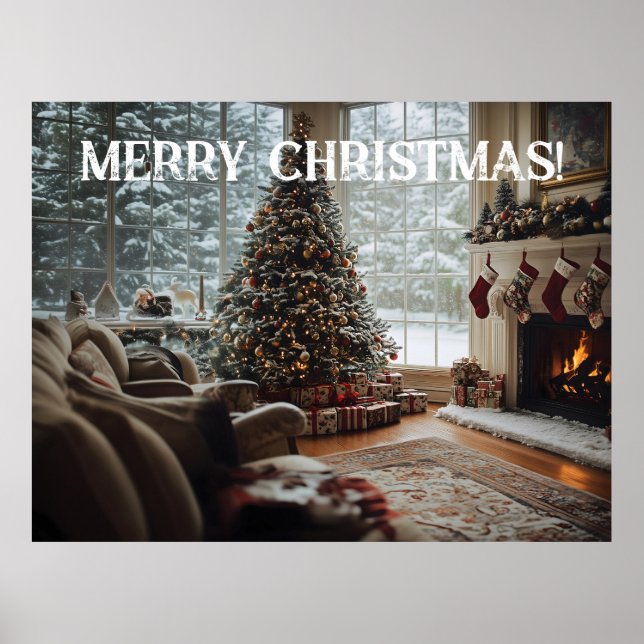 Póster Acogedoras habitaciones Navidades, chimenea, árbol (Frente)