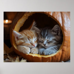 Póster Acogedores gatitos acurrucarse en una calabaza