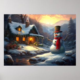 Póster Acogedores Navidades Cottage y Snowman   Invierno 