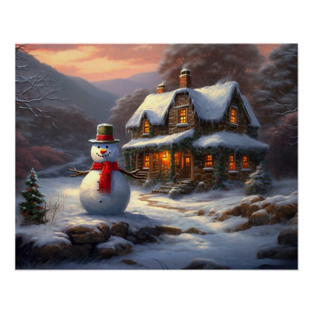 Póster Acogedores Navidades Cottage y Snowman | Invierno  (Anverso)
