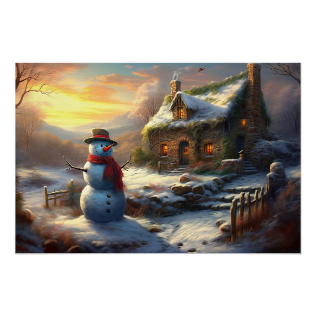 Póster Acogedores Navidades Cottage y Snowman | Invierno  (Anverso)