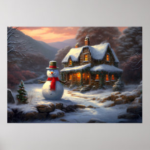 Póster Acogedores Navidades Cottage y Snowman   Invierno 