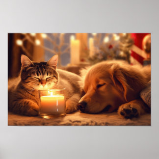 Póster Acogedores Navidades gato y perro a la luz de las 