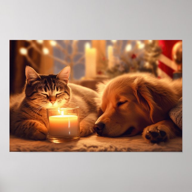 Póster Acogedores Navidades gato y perro a la luz de las  (Frente)