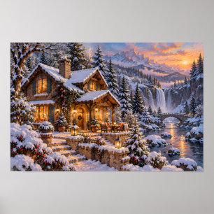 Póster Acojedora cabaña de invierno junto a una cascada d