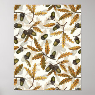 Póster Acorns y hojas de roble en blanco roto