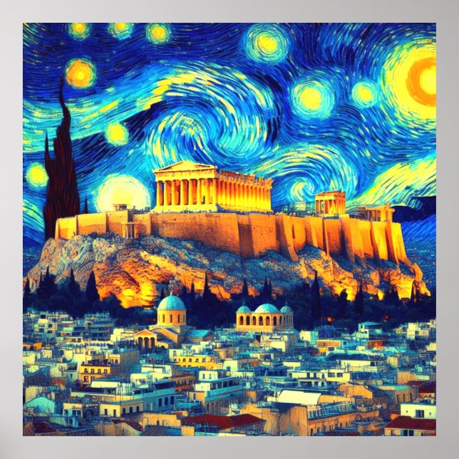 Póster Acrópolis nocturna estrellada Atenas Grecia (Frente)