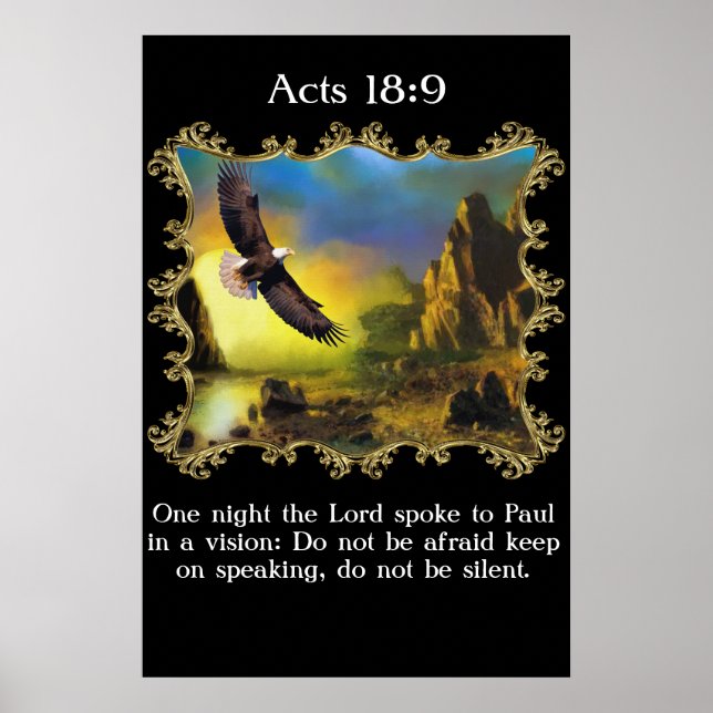 Póster Actos 18:9 Con un águila sobrevolando el paisaje. (Frente)