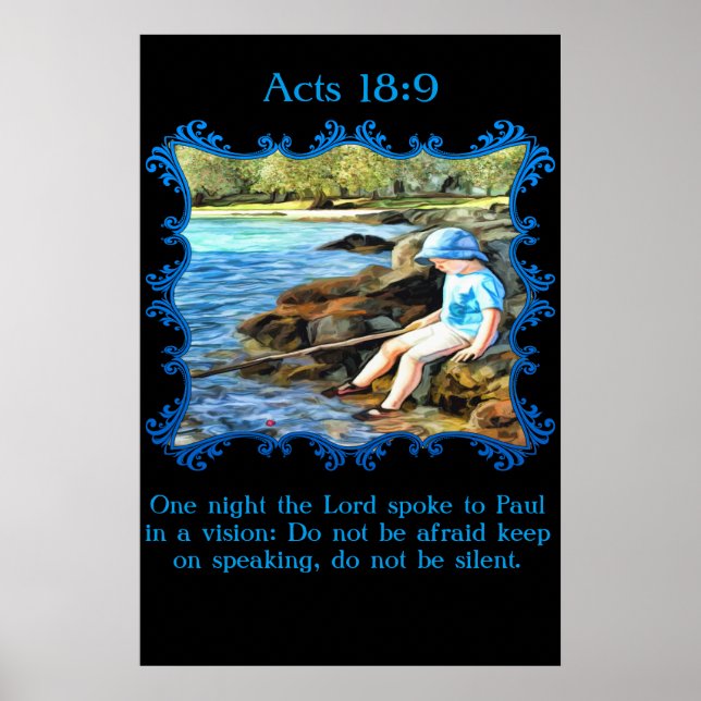 Póster Acts 18:9 Baby boy fishing in the river. (Frente)