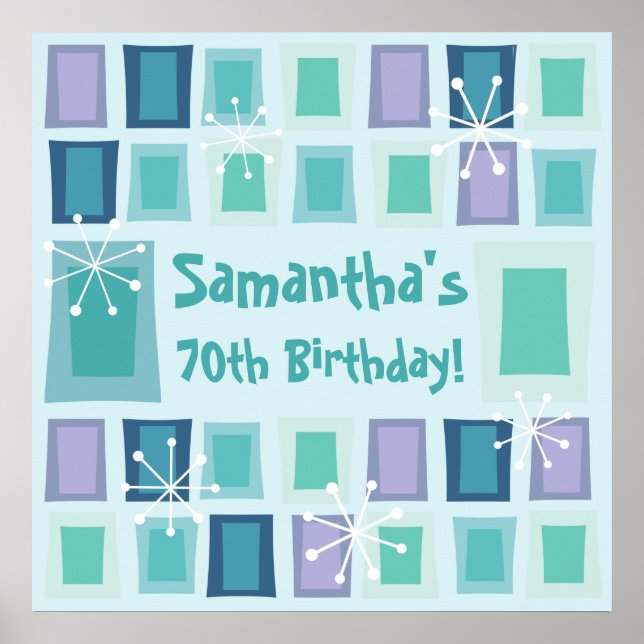 Póster Acuamarina de Cumpleaños Moderno de Mediosiglo 70 (Frente)