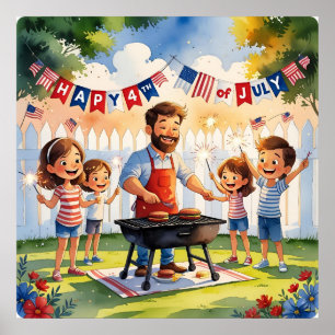 Póster Acuarela 4 de Julio Familia BBQ