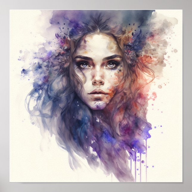 Póster Acuarela abstracta de cara de mujer (Frente)