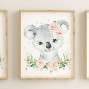 Póster Acuarela Adorable Koala Rubor Pared Floral Rosa