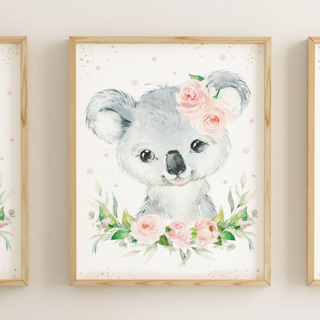 Póster Acuarela Adorable Koala Rubor Pared Floral Rosa (Subido por el creador)