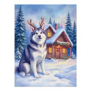 Póster Acuarela Alaskan Malamute Reno Navidad