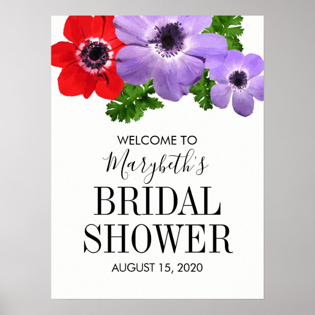 Póster Acuarela Anemone Floral Bridal Shower Rótulo (Frente)
