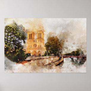 Póster Acuarela artística de la catedral de Notre-Dame Pa