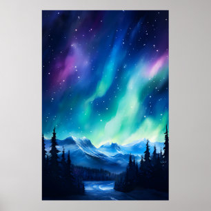 Póster Acuarela Aurora boreal luces del norte 