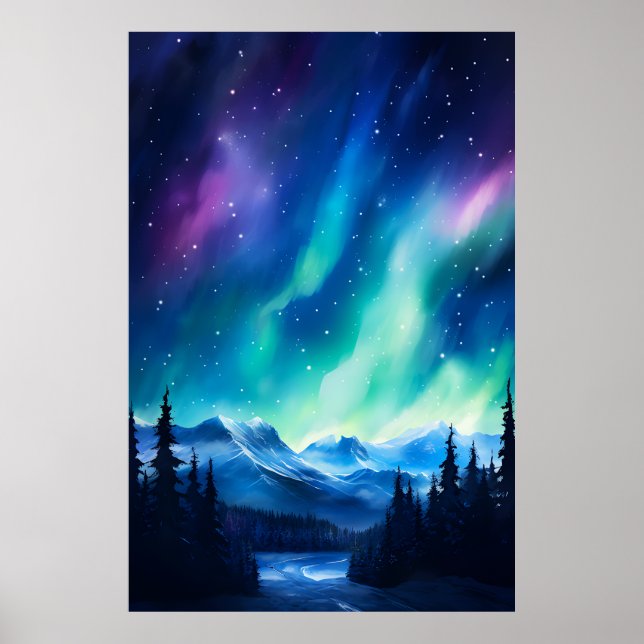 Póster Acuarela Aurora boreal luces del norte  (Frente)