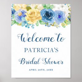 Póster Acuarela Azul Amarillo Floral Bridal Shower Rótulo