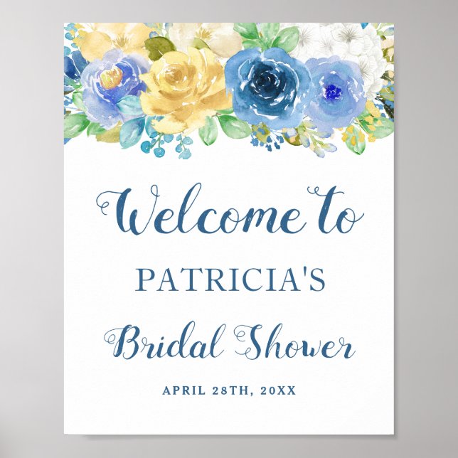 Póster Acuarela Azul Amarillo Floral Bridal Shower Rótulo (Frente)