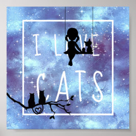 Póster acuarela Azul Galaxia Chica Gatos Sala de Siluetas