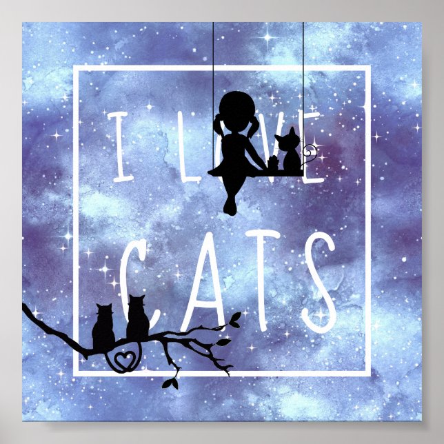 Póster acuarela Azul Galaxia Chica Gatos Sala de Siluetas (Frente)