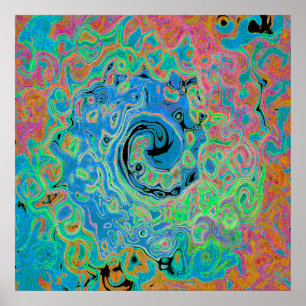 Póster Acuarela Azul Groovy Abstracto Retro Bañón Líquido