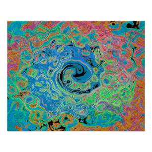 Póster Acuarela Azul Groovy Abstracto Retro Bañón Líquido