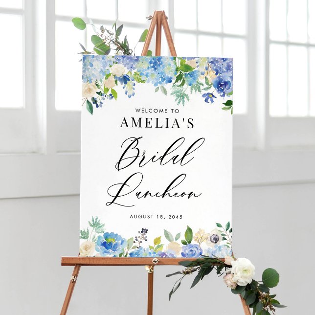 Póster Acuarela Azul Hidrangea Flores Noal Luncheon (Watercolor Blue Hydrangea Flowers Bridal Luncheon Welcome Sign)