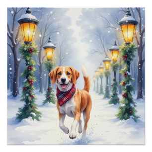 Póster Acuarela Beagle Parque Nevado Navidad Fiesta