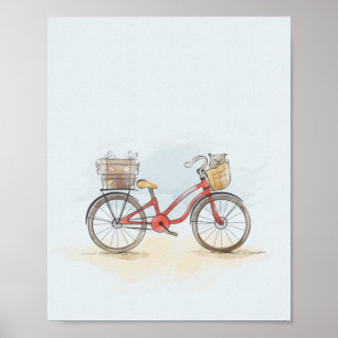 Póster Acuarela Bicicleta Roja y Gato