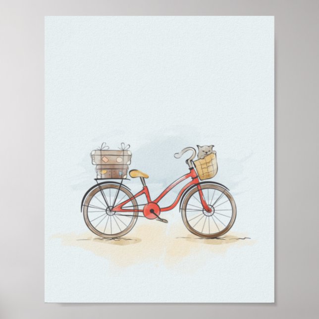 Póster Acuarela Bicicleta Roja y Gato (Frente)