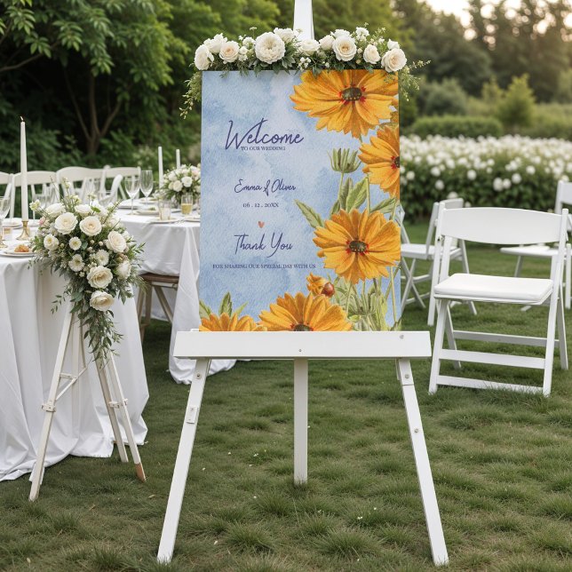Póster Acuarela Bienvenida de Boda de Girasoles (Watercolor Sunflower Wedding Welcome Sign Poster Summer Countryside Welcome to Our Wedding Sign)