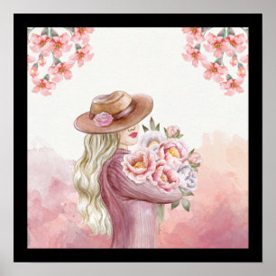 Póster acuarela blanca, rosa Vintage Lady Floral belleza