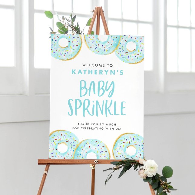 Póster Acuarela Blue Sprinkle Donuts Baby Sprinkle (Watercolor Blue Donuts Baby Sprinkle Welcome Sign – Customizable Baby Shower Decor)