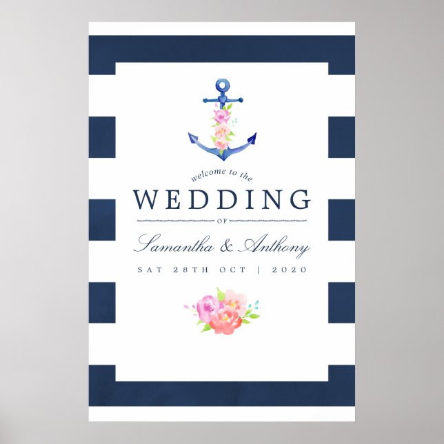 Póster Acuarela Boda floral con tema náutico (Frente)