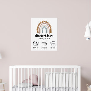 Póster acuarela boho arcoíris estadísticas de nacimiento 