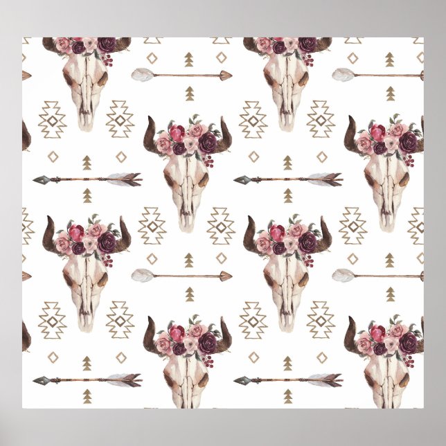 Póster acuarela Boho: flechas, patrón de cráneo. (Frente)