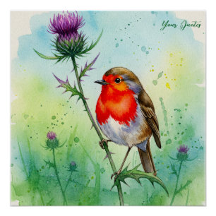 Póster Acuarela Botánica de Pájaro Petirrojo y Flor de Ca