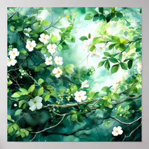 Póster Acuarela Botánica Flores Blancas Hojas Verdes