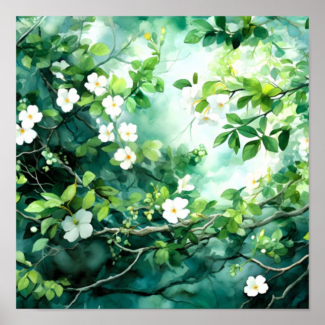 Póster Acuarela Botánica Flores Blancas Hojas Verdes (Frente)