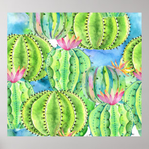 Póster Acuarela Cacti: Ornamento de verano floral.
