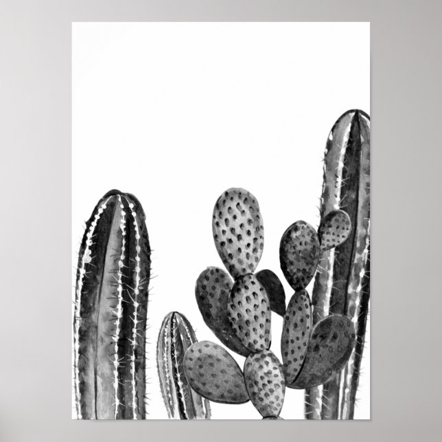 Póster Acuarela Cactus Moderno Suroeste Blanco negro (Frente)