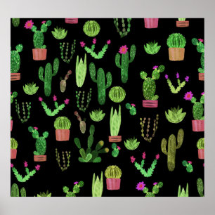 Póster Acuarela Cactuses Planta Fondo Sin Marea