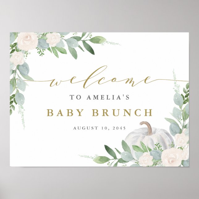 Póster Acuarela Calabaza Blanca Verdor Cae Bebé Brunch (Frente)