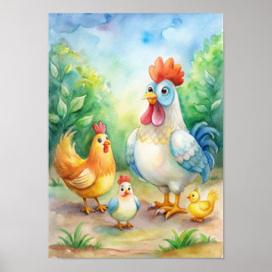 Póster Acuarela caprichosa de pollo