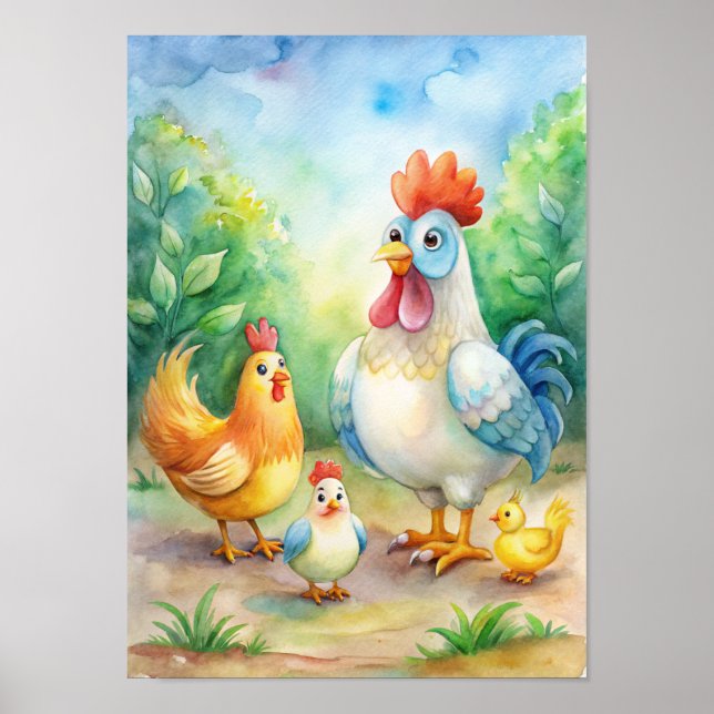 Póster Acuarela caprichosa de pollo (Frente)